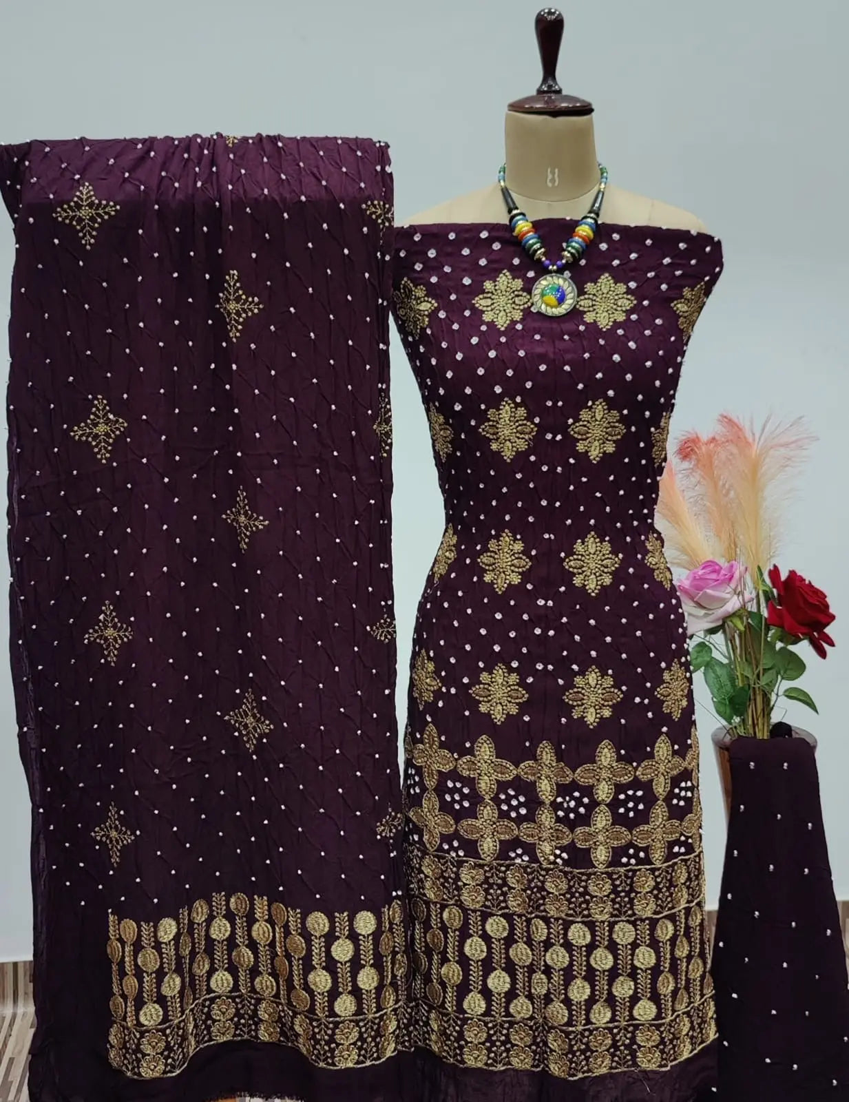 Reyon Embroidery Work Authentic Hand Crafted Kutch Bandhani Dress Material - Premium from Ethenika.com - Just INR 2190! Shop now at Ethenika.com