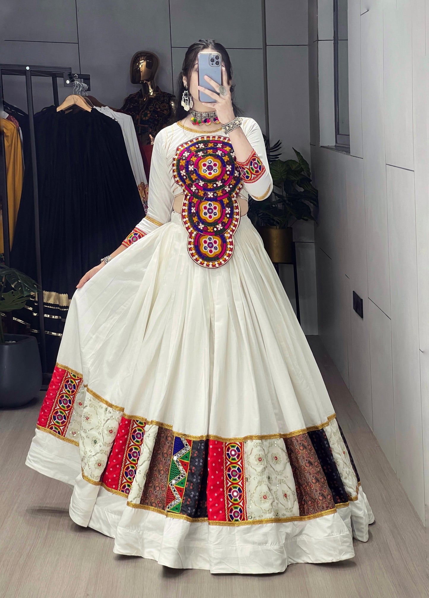Rayon Kutchi Fancy Embroidery Mirror work White Concept Designer Chaniya Choli (Ready to Wear)