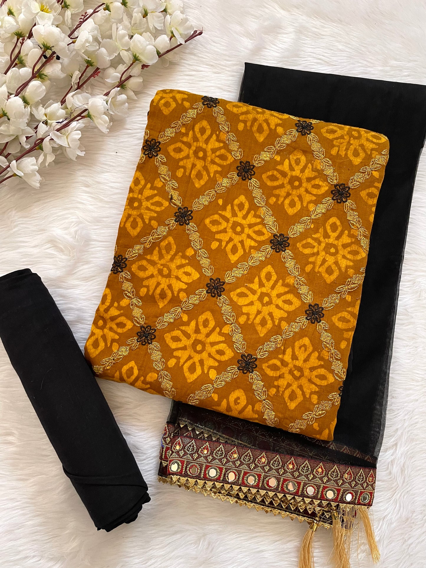 Soft Cotton Thread Embroidery with Block print work Bandhani Material (Unstitched) - Premium from Ethenika.com - Just INR 1990! Shop now at Ethenika.com