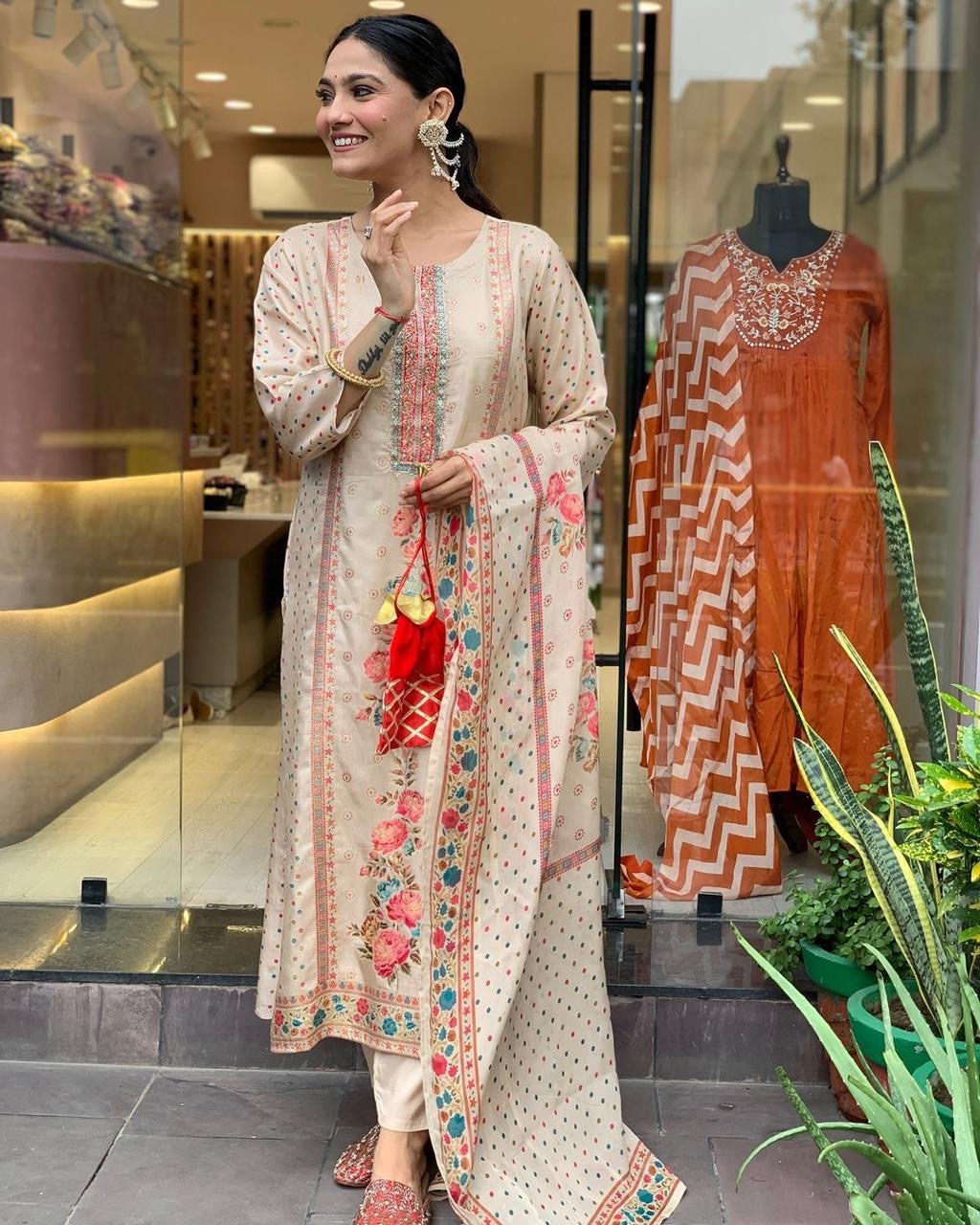 Multicolor Polkadot with Digital Print work Ready to Wear 3 Pc Kurti Pant Dupatta Set (Stitched) - Premium from Ethenika.com - Just INR 2590! Shop now at Ethenika.com