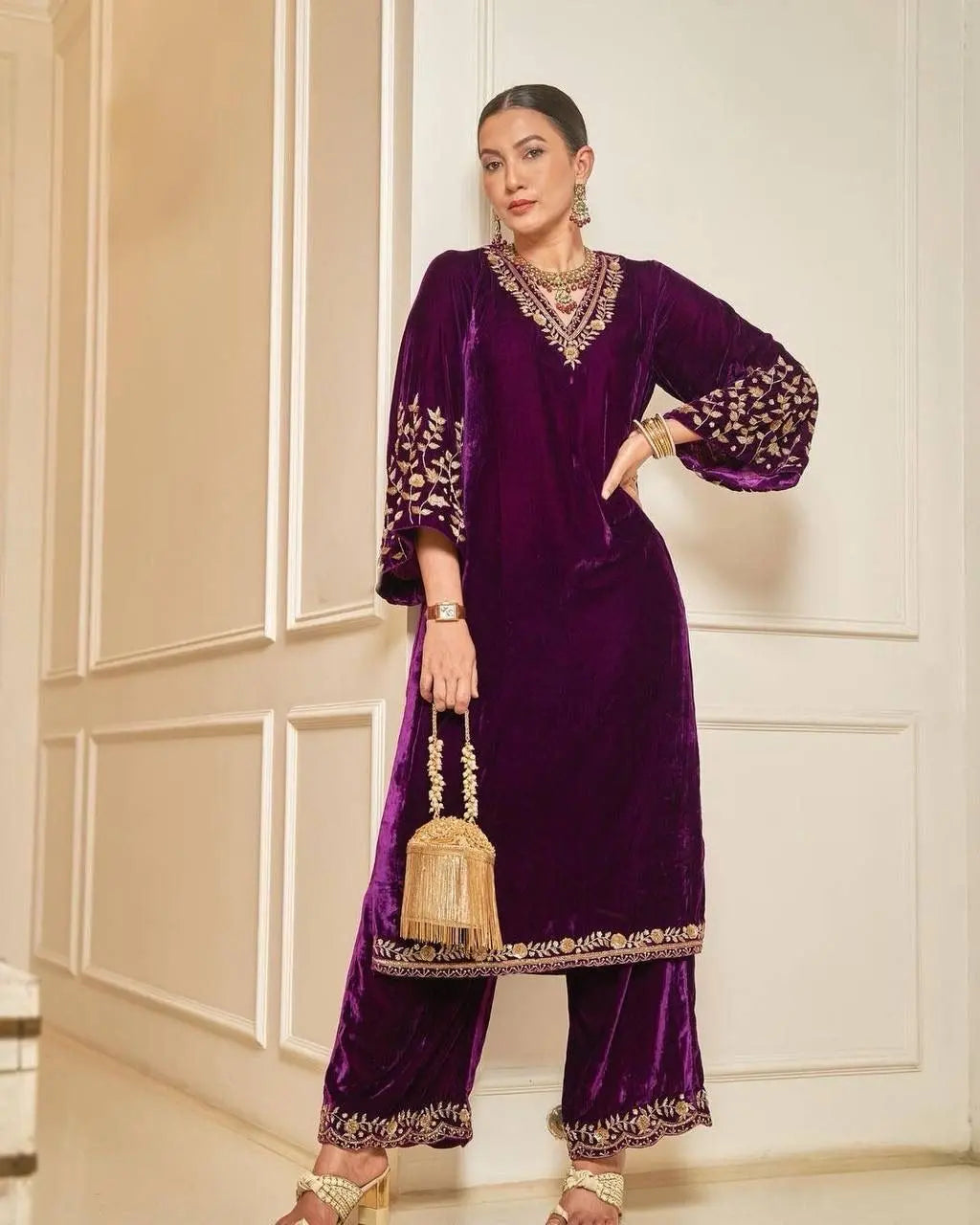 Lace work Velvet Kurti Pant Set ( Stitched) - Premium from Ethenika.com - Just INR 2190! Shop now at Ethenika.com