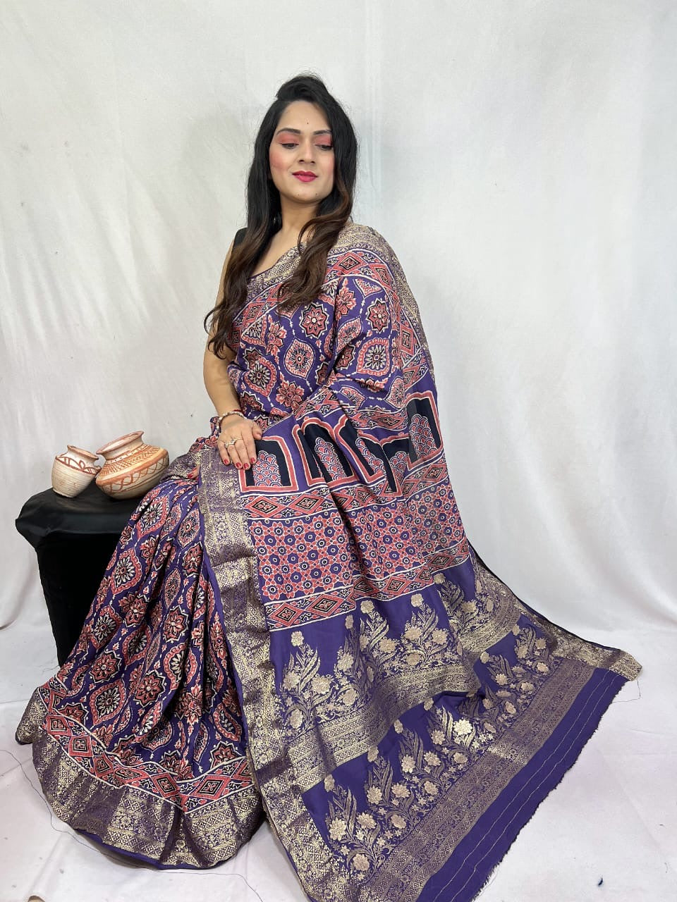 Dola Silk Original Handblocked Ajrakh work Saree - Premium from Ethenika.com - Just INR 6990! Shop now at Ethenika.com