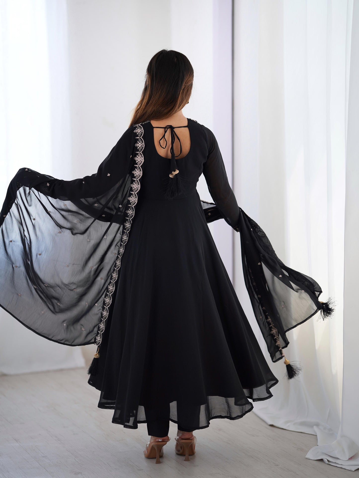 Soft Faux Georgette Black Beauty Anarkali Flair Party Wear Kurti Pant Dupatta Set (Ready to Wear) - Premium from Ethenika.com - Just INR 3990! Shop now at Ethenika.com