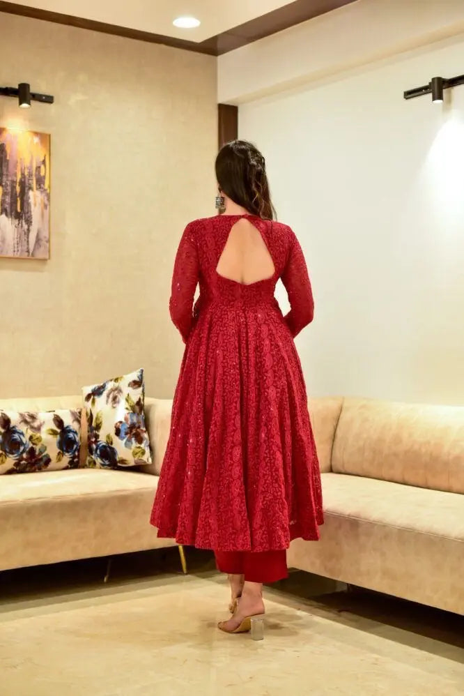 Georgette Chikankari Work Red Anarkali Dress - Premium from Ethenika.com - Just INR 1990! Shop now at Ethenika.com