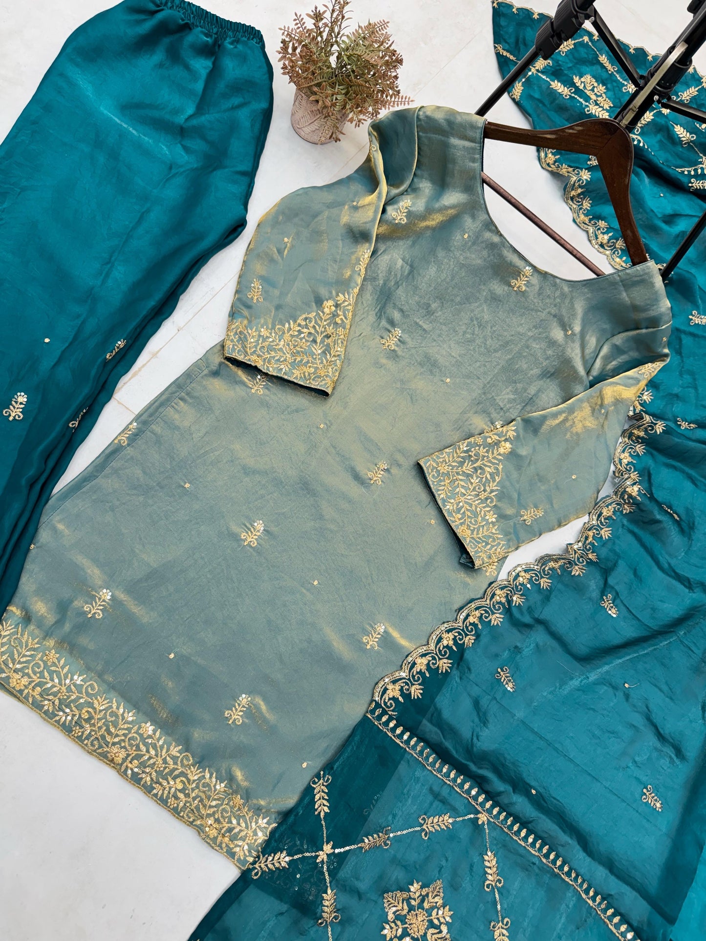 Fendi Silk Fabric Golden Hand Thread Embroidery work Kurti Palazzo Dupatta Set (Stitched) - Premium from Ethenika.com - Just INR 2990! Shop now at Ethenika.com
