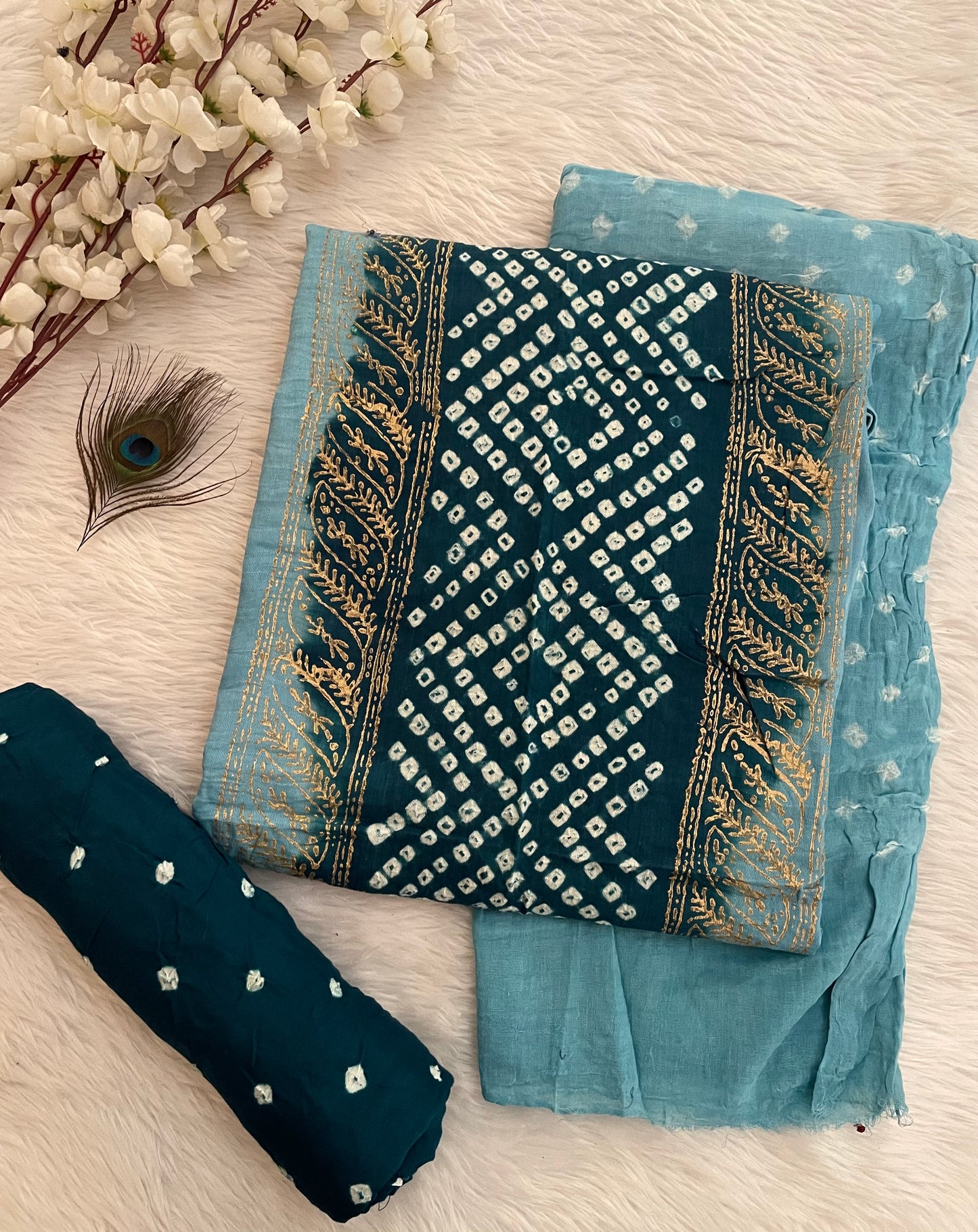 Cotton Satin Hand Block Print work Bandhani Dress Material (Unstitched) - Premium from Ethenika.com - Just INR 1890! Shop now at Ethenika.com
