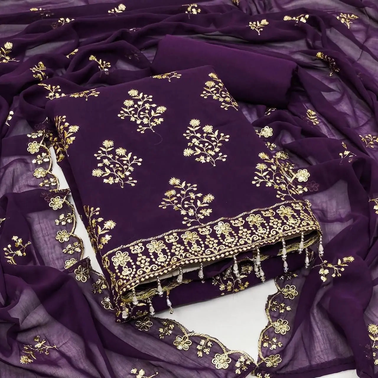 Georgette Golden Embroidery lace work Dress Material (Unstitched) - Premium from Ethenika.com - Just INR 1590! Shop now at Ethenika.com