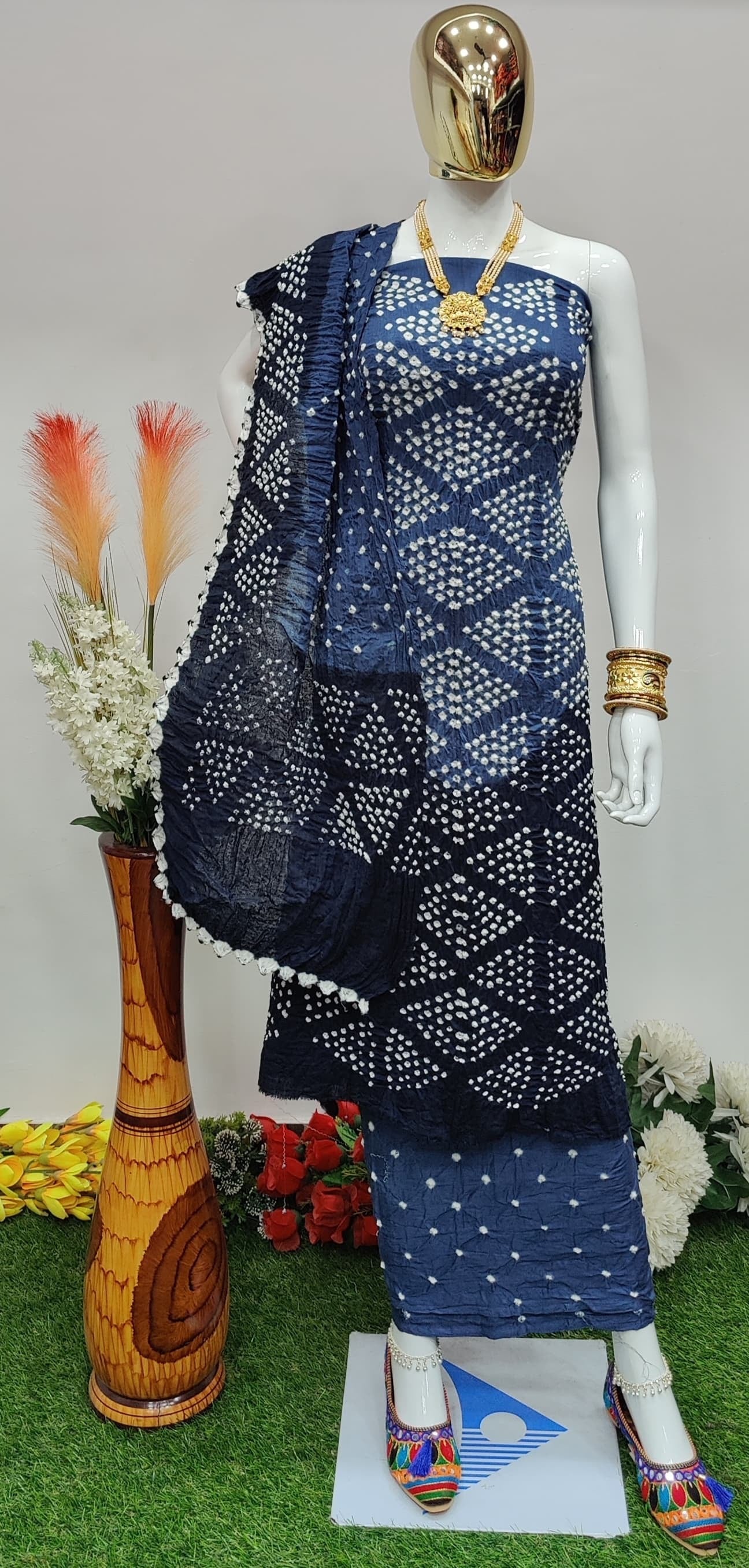 Cotton satin Self Color Contrast Original Kutch Bandhani Dress Material - Premium from Ethenika.com - Just INR 1590! Shop now at Ethenika.com