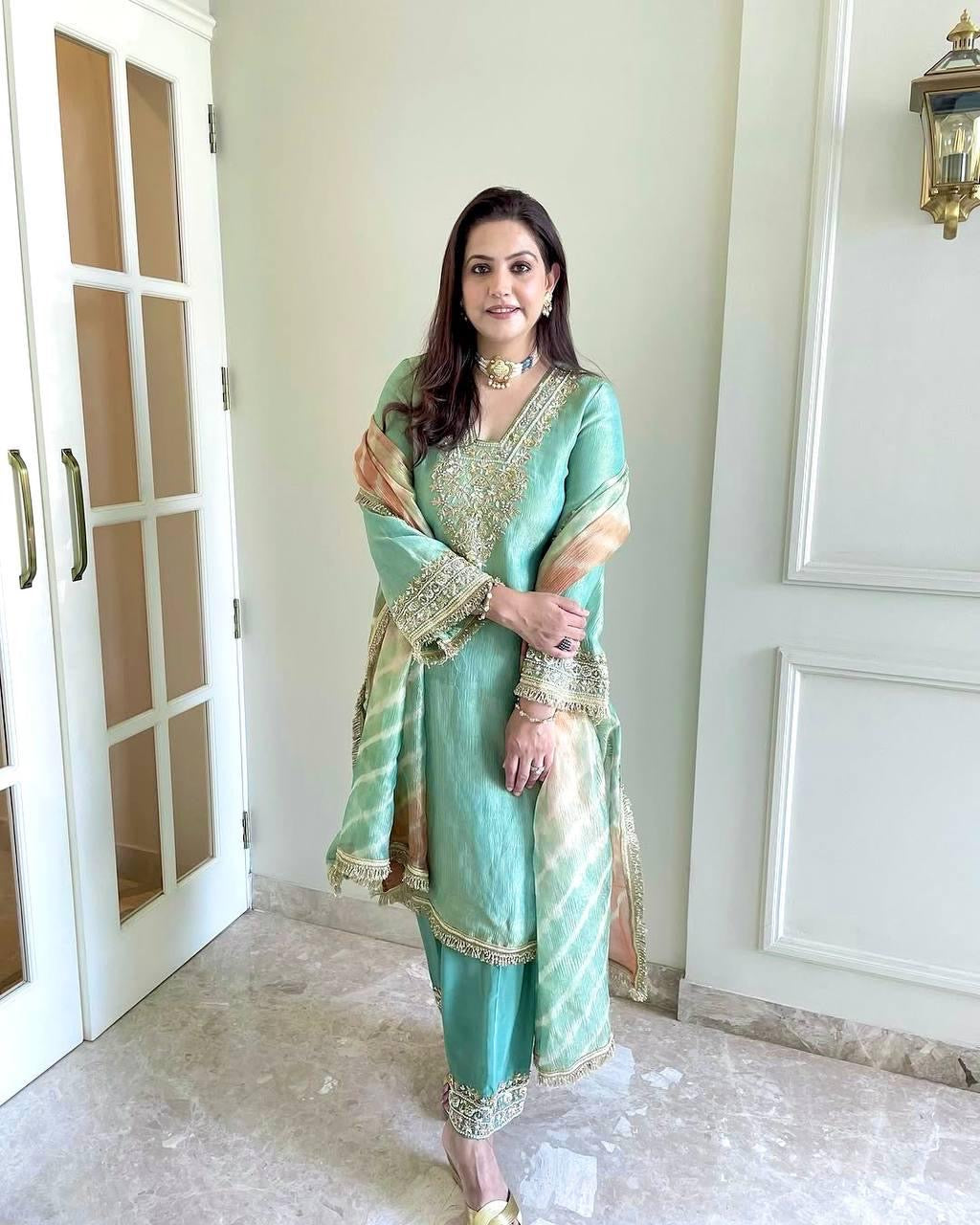 Ethenika Silk Designer Moti Work Party Wear Kurti Pant Dupatta Set (Fully Stitched) - Premium from Ethenika.com - Just INR 3990! Shop now at Ethenika.com