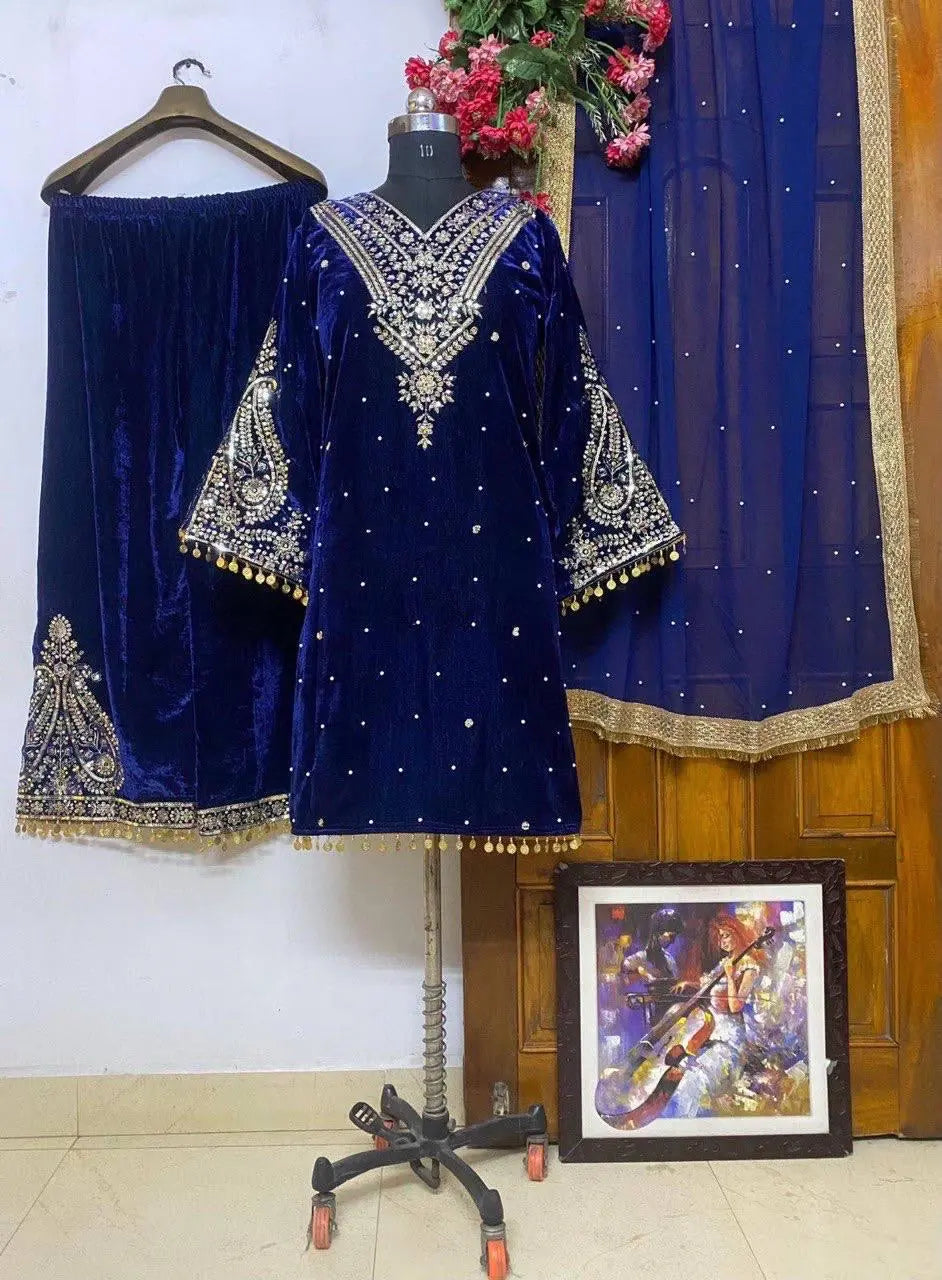 Ethenika Embroidery Work Winter Wear Velvet Kurti Pant Dupatta Set - Premium from Ethenika.com - Just INR 2790! Shop now at Ethenika.com
