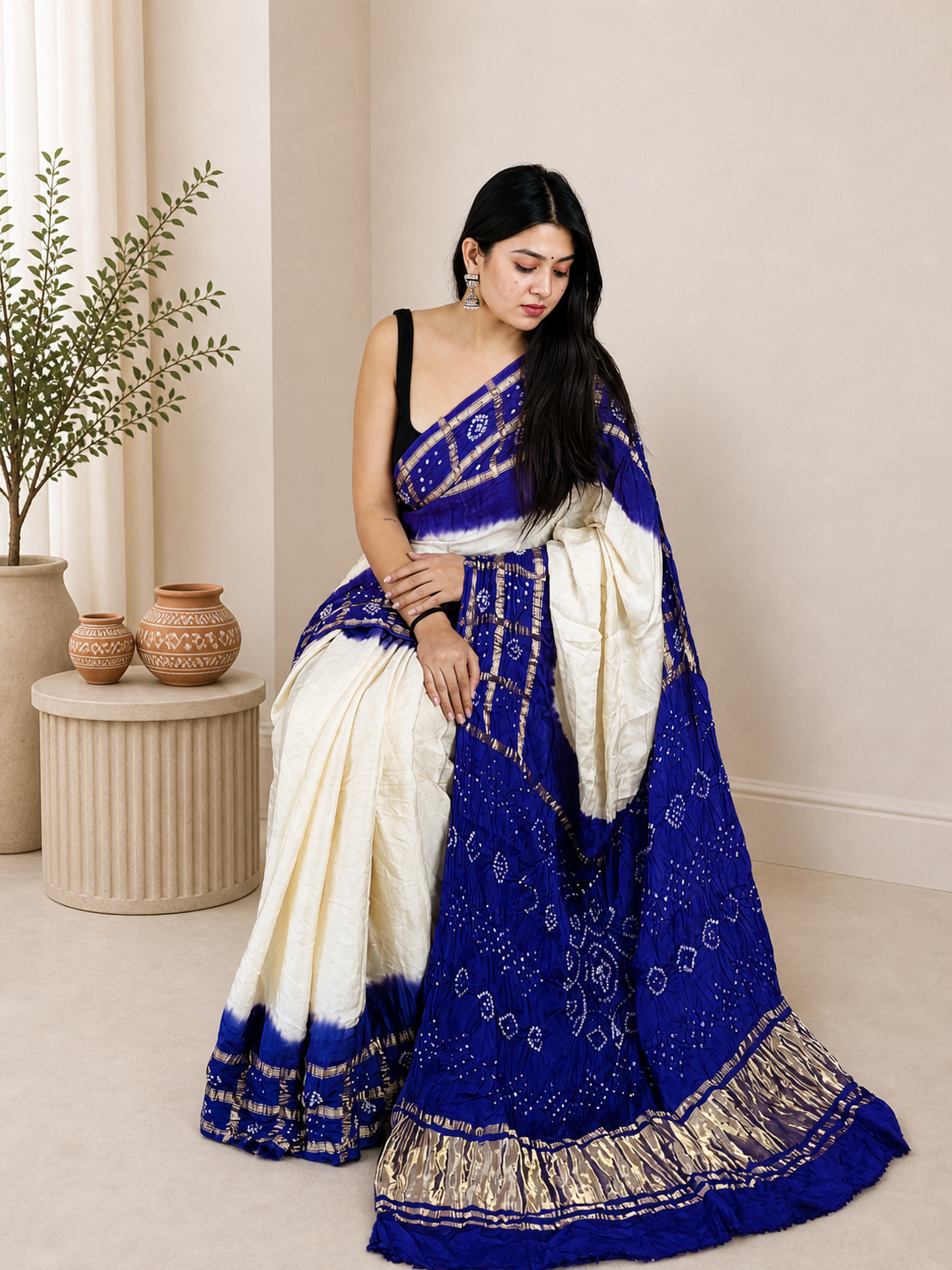 Ethenika Authentic Hand Crafted Chex Work Silk Bandhani Saree