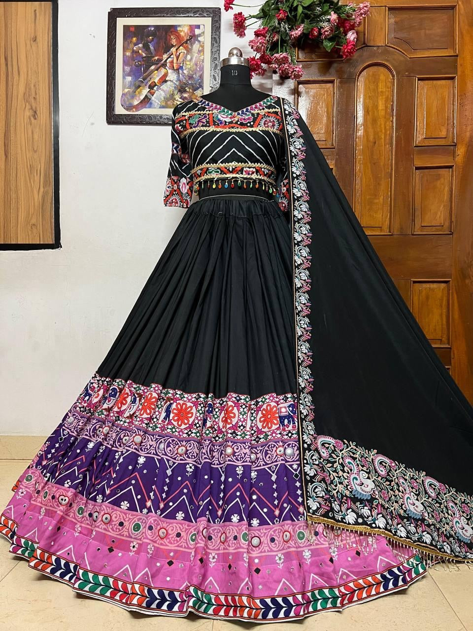 Muslin Cotton Digital Print with Mirror Work Navratri Garba Special Chaniya Choli