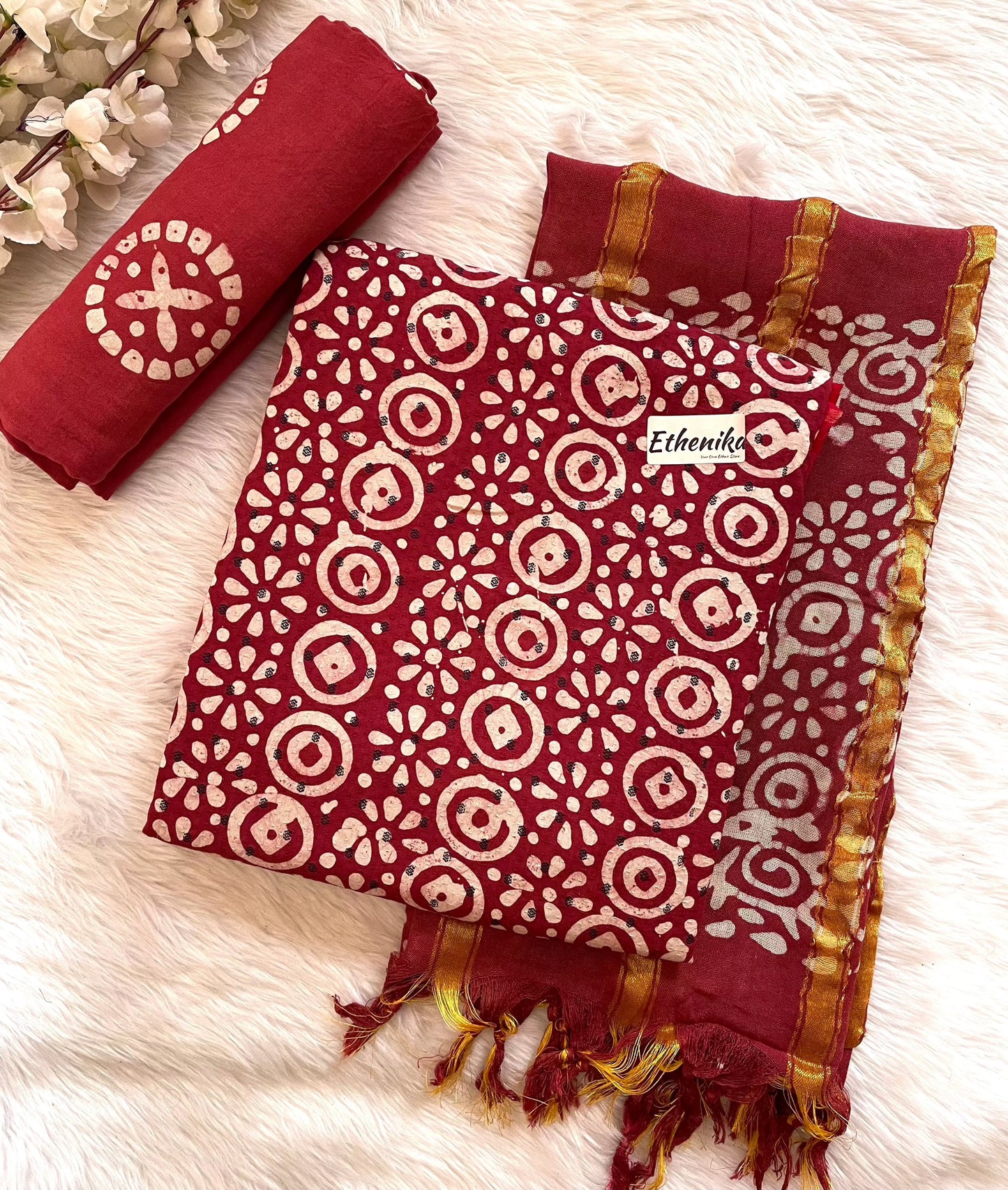 Hand Blocked Wax Batik Dress Material with Fumka work Dupatta (Unstitched) - Premium from Ethenika.com - Just INR 1390! Shop now at Ethenika.com