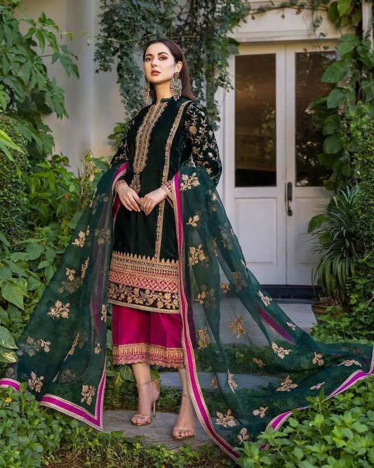 Thread Embroided winter Velvet Kurti Pant Dupatta Set (Stitched) - Premium  from Ethenika.com - Just INR 2490! Shop now at Ethenika.com