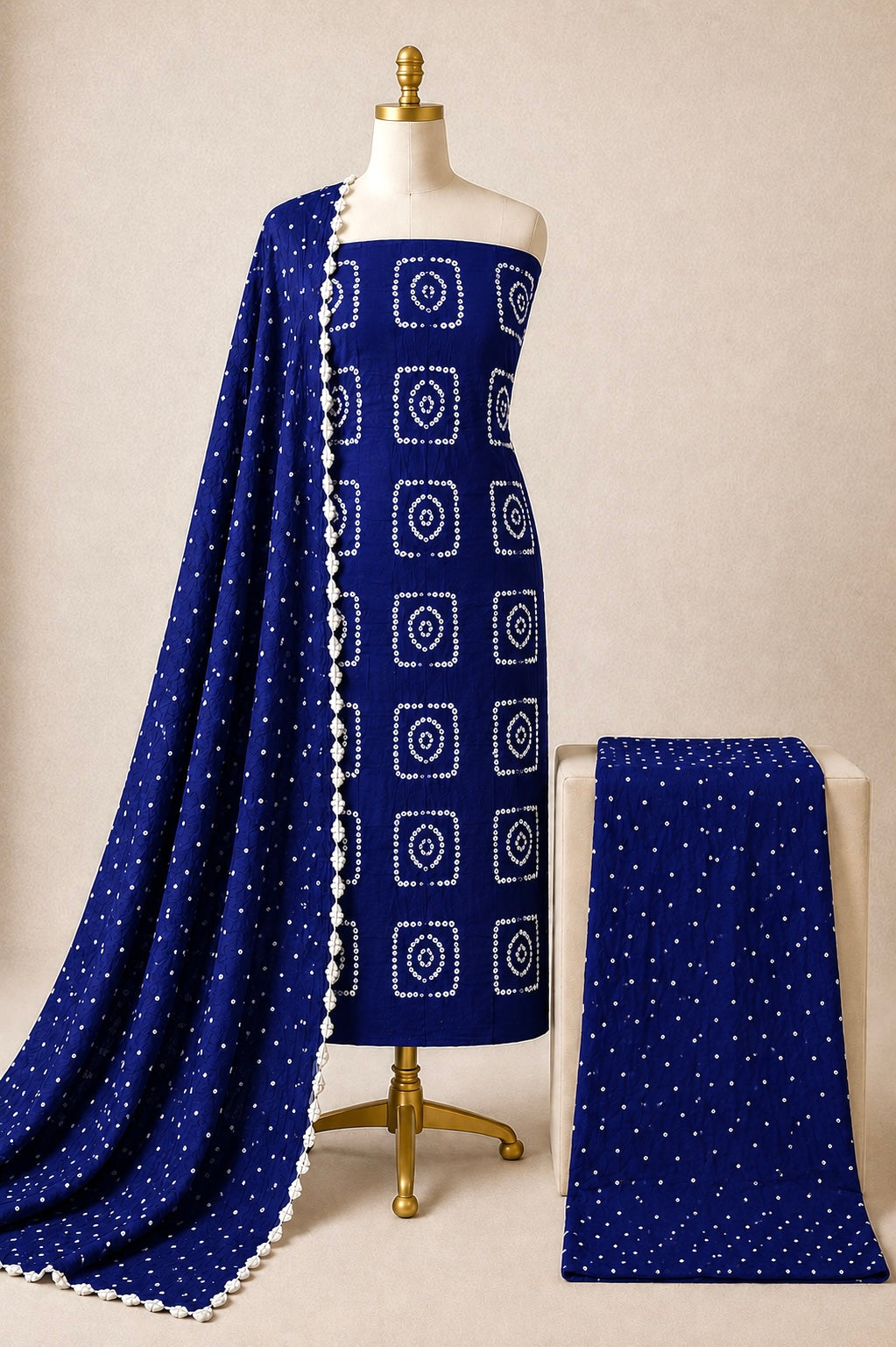 Cotton Satin Self Color Kutch 3Pc Unstitched Bandhani Dress Material