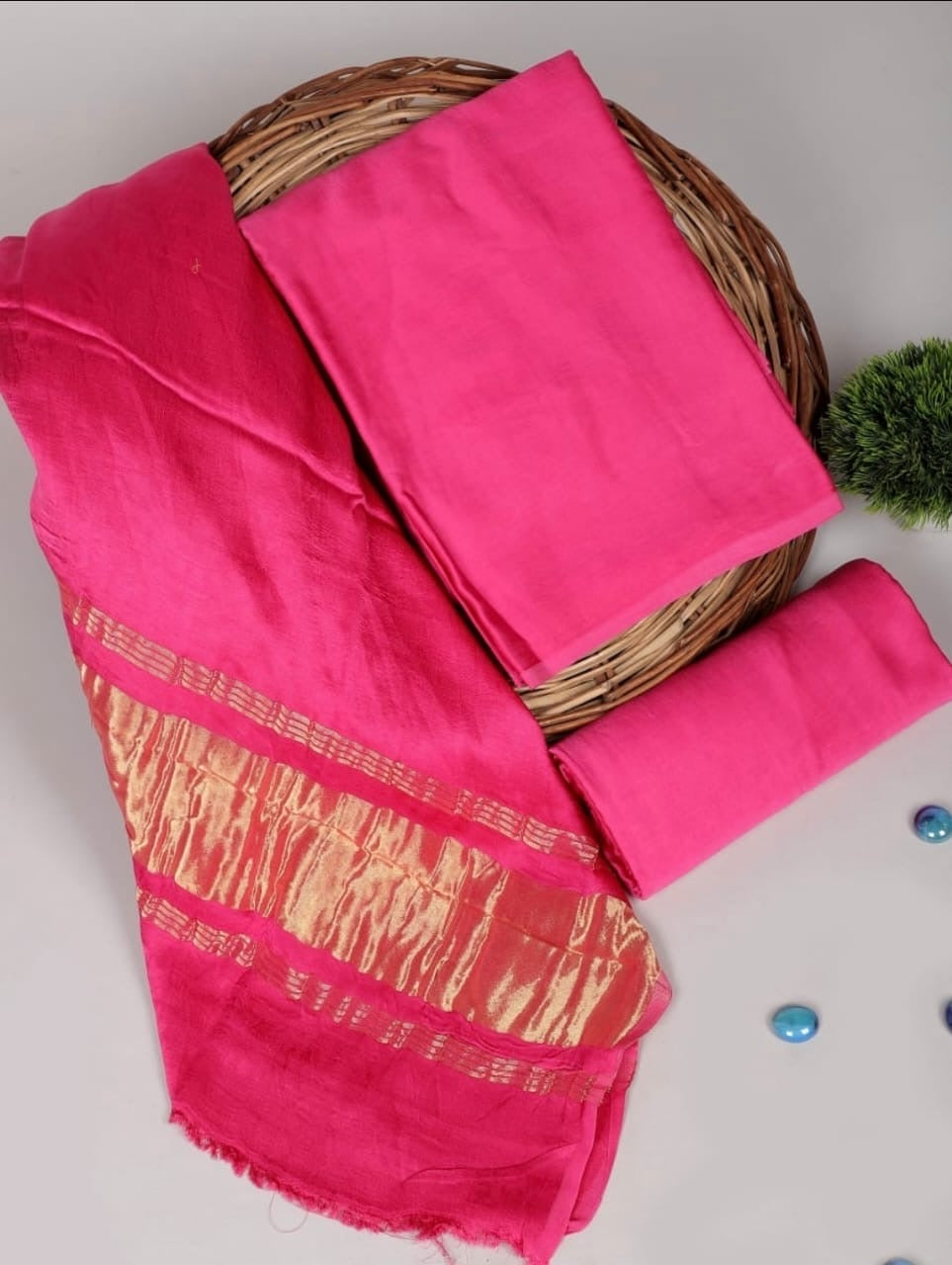 Chanderi Silk Plain Concept Dress Material with Zari Weaving Dupatta (Unstitched)