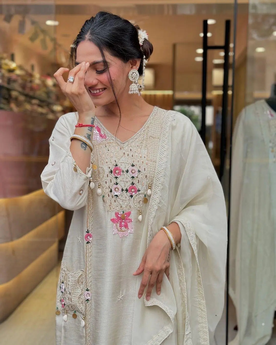 Pure Roman Silk Sequence Embroidery with Kodi Work Summer Special Kurti Pant Dupatta Set - Premium from Ethenika.com - Just INR 3090! Shop now at Ethenika.com