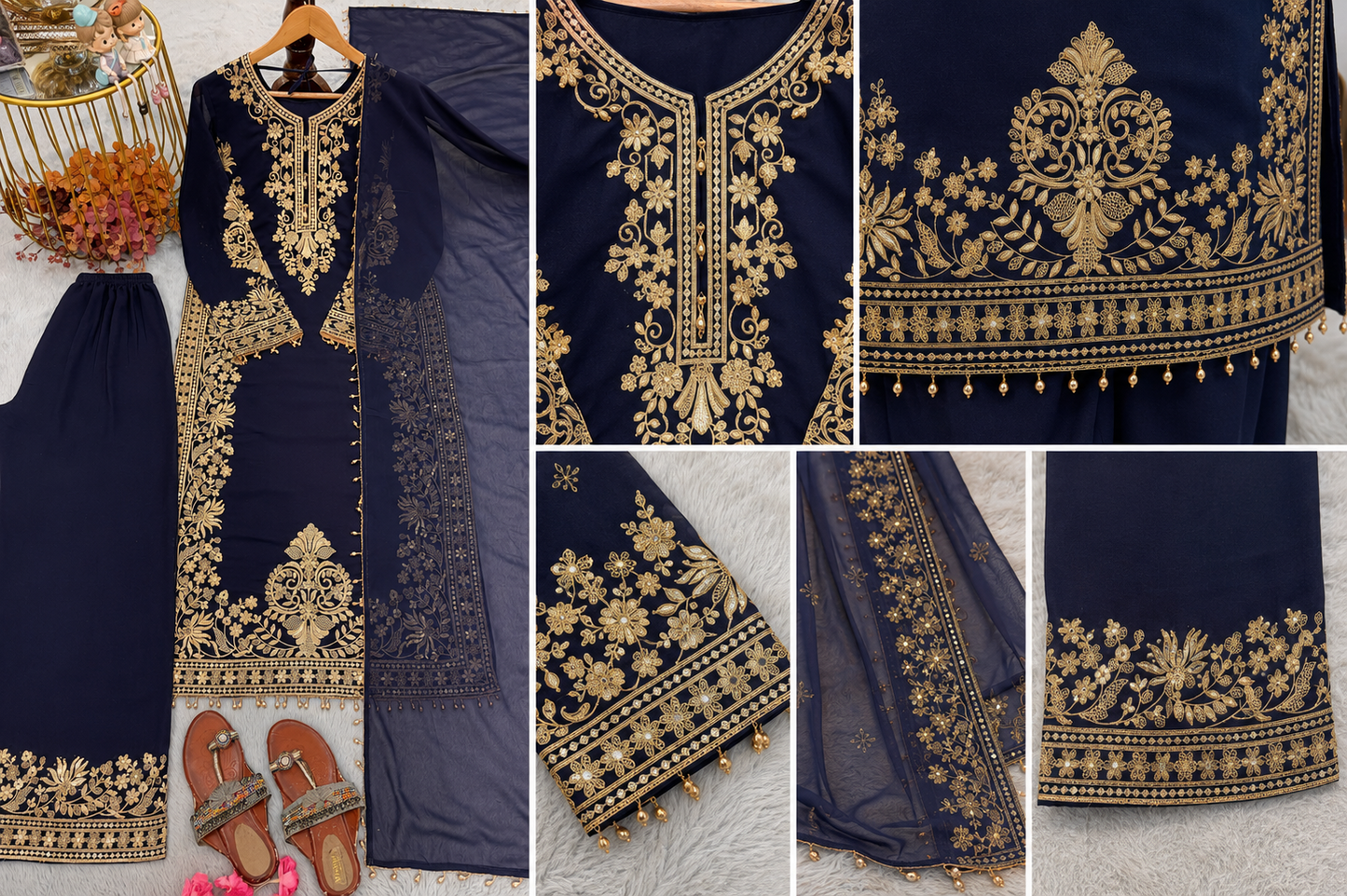 Faux Georgette Sequence Work Designer Party Wear 3Pc Kurti Pant Dupatta Set for Women