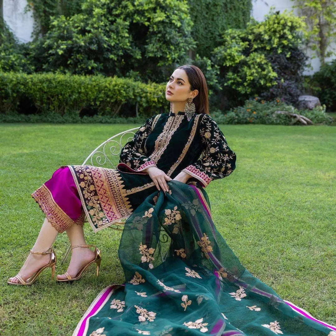 Thread Embroided winter Velvet Kurti Pant Dupatta Set (Stitched) - Premium from Ethenika.com - Just INR 2490! Shop now at Ethenika.com