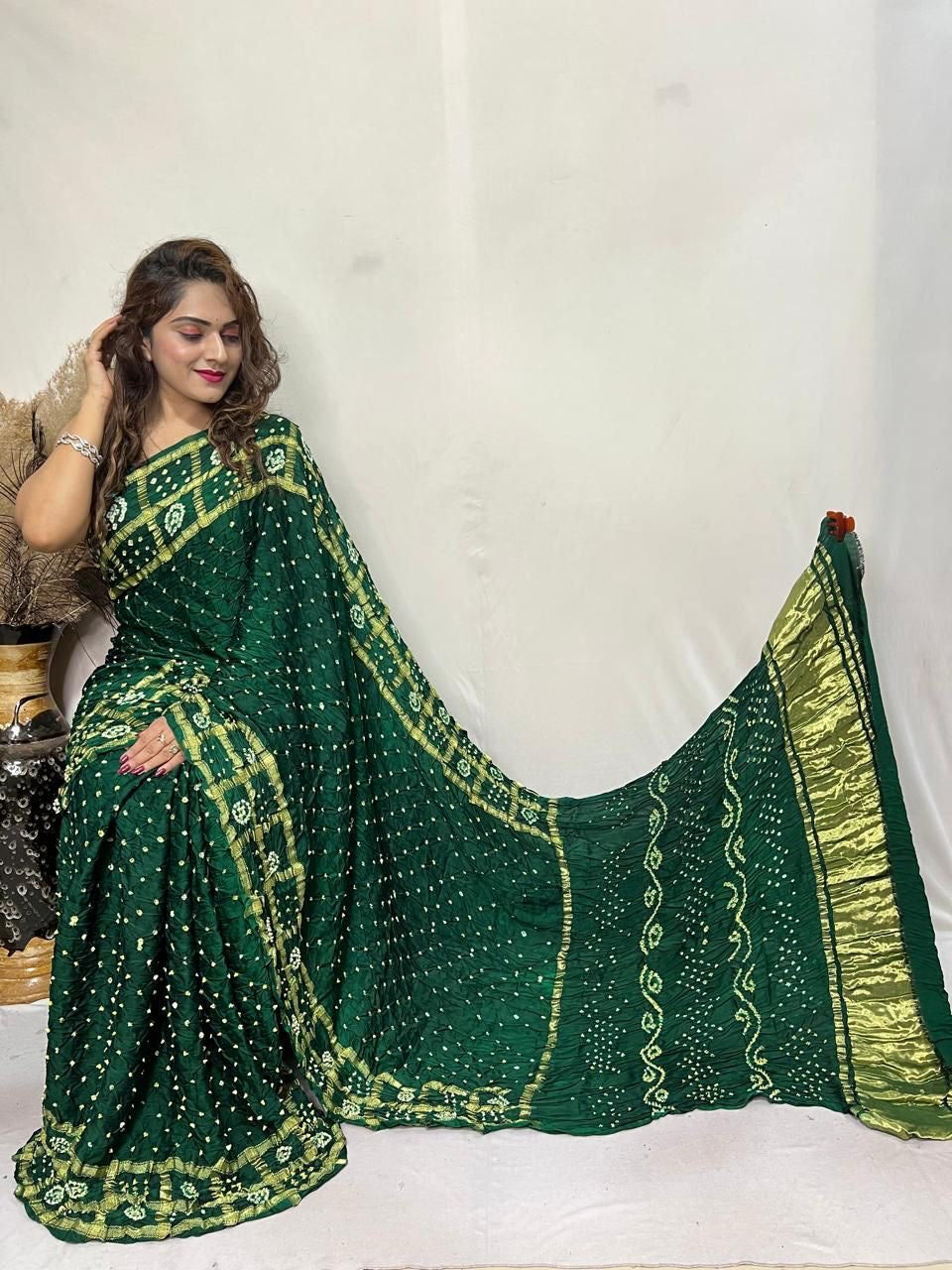 Pure Modal Silk Golden Chex Hand Made Barik Bandhej work Silk Bandhani Saree - Premium from Ethenika.com - Just INR 5990! Shop now at Ethenika.com
