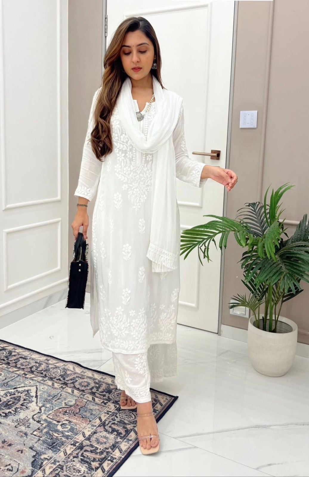 Muslin White Thread Embroidery work Kurta Palazo Dupatta Set (Stitched) - Premium from Ethenika.com - Just INR 2190! Shop now at Ethenika.com