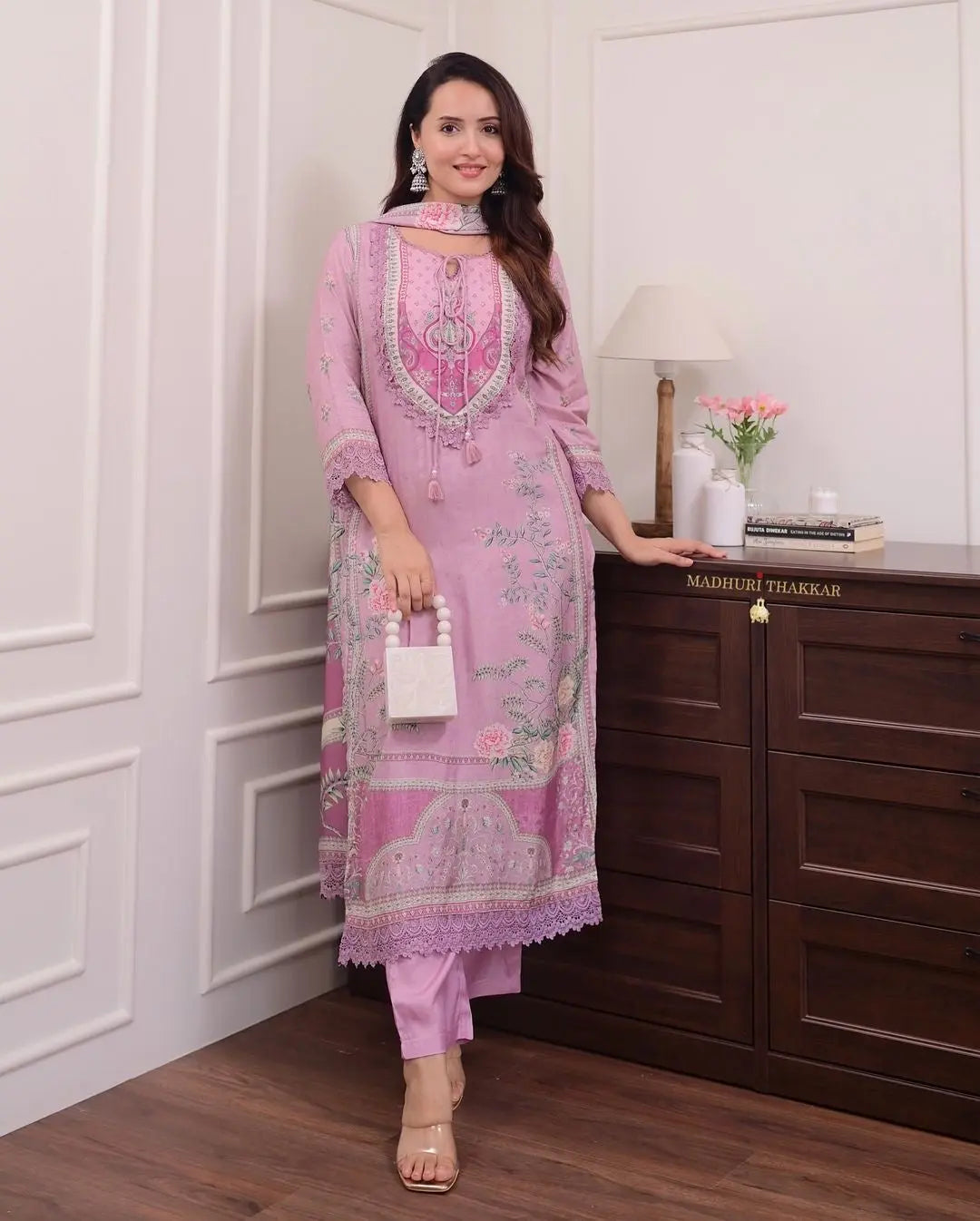 Lilac Muslin Floral Digital Printed Pakistani Kurti Pant Dupatta Set - Premium from Ethenika.com - Just INR 2490! Shop now at Ethenika.com