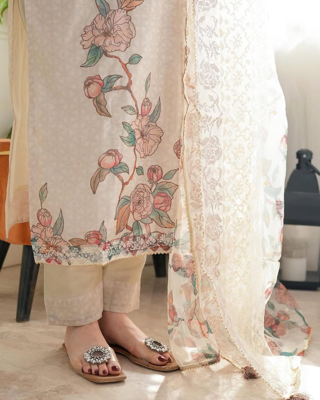 Linen Cotton Digital Floral Print work White Summer Wear Kurti Pant Dupatta Set (Stitched) - Premium from Ethenika.com - Just INR 2490! Shop now at Ethenika.com