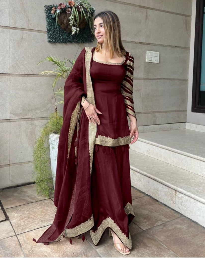 Faux Georgette Sequence Embroidery Work Kurti Sharara Dupatta Set (Ready to Wear)