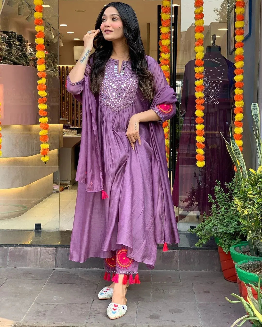 Mal Chanderi Silk Mirror work Alia Cut Kurti Palazzo Dupatta Set (Stitched) - Premium from Ethenika.com - Just INR 2590! Shop now at Ethenika.com