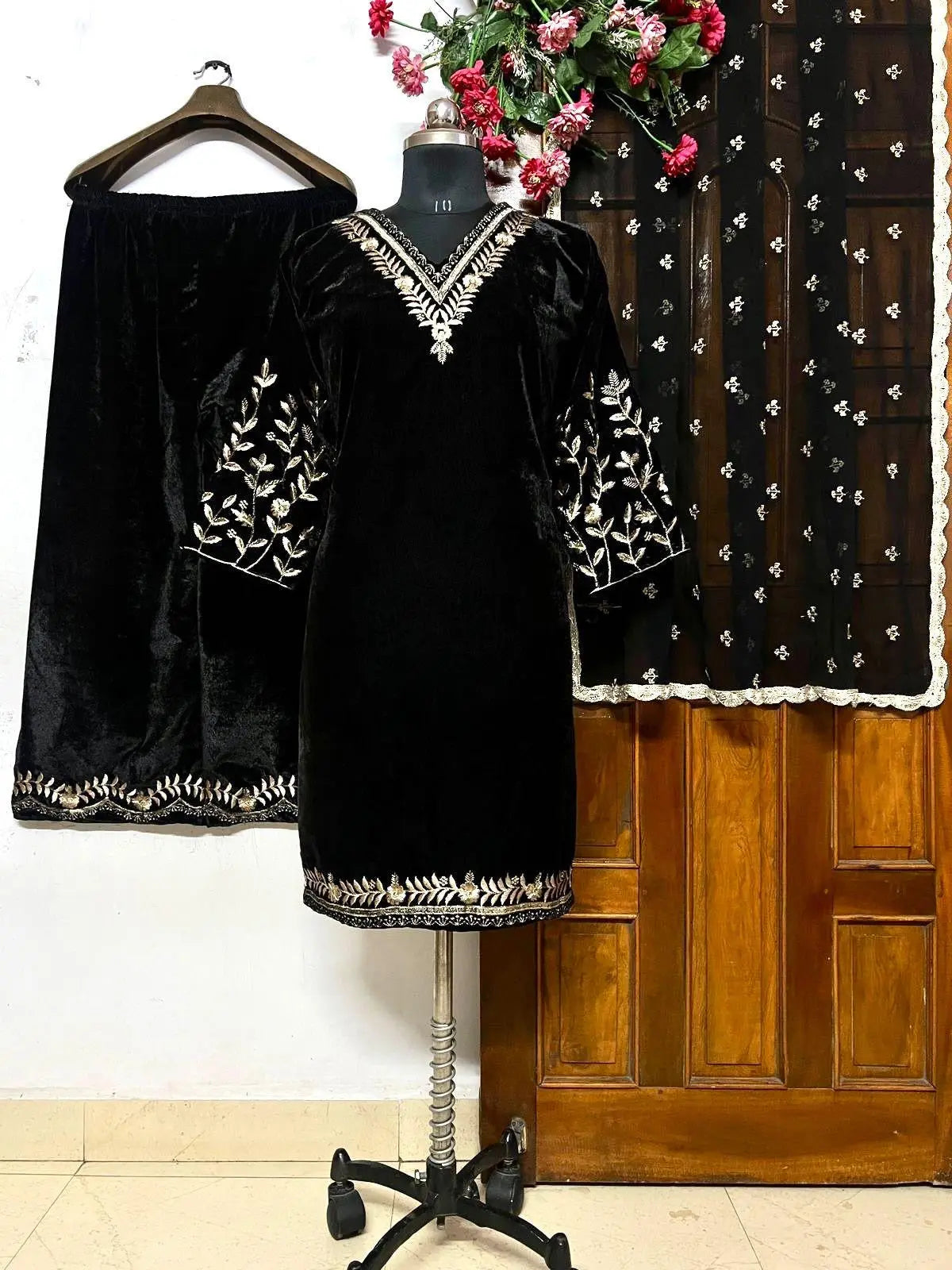 Lace work Velvet Kurti Pant Set ( Stitched) - Premium from Ethenika.com - Just INR 2190! Shop now at Ethenika.com