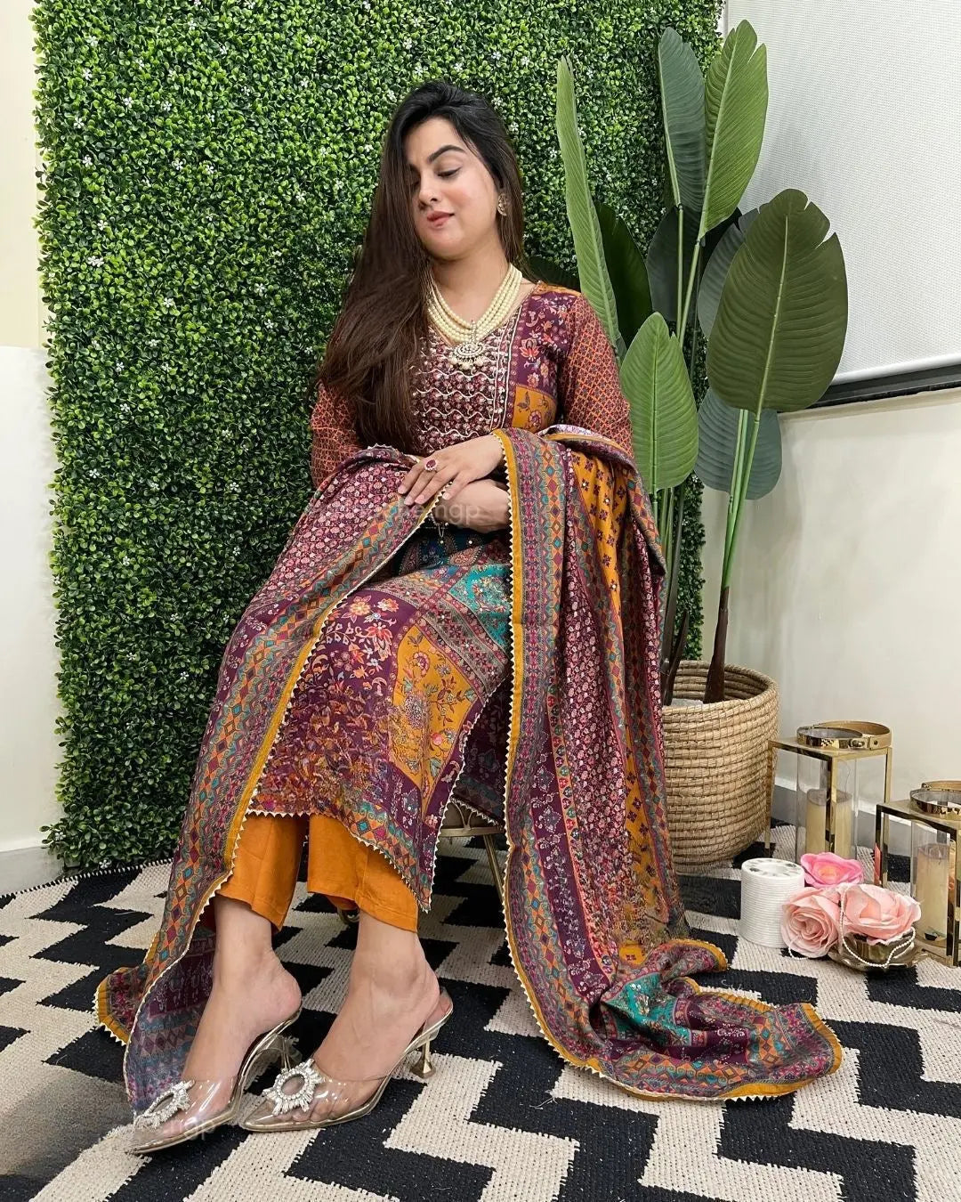 Muslin Real Mirror work Digital Print Party wear Kurti Pant Dupatta set - Premium from Ethenika.com - Just INR 2790! Shop now at Ethenika.com