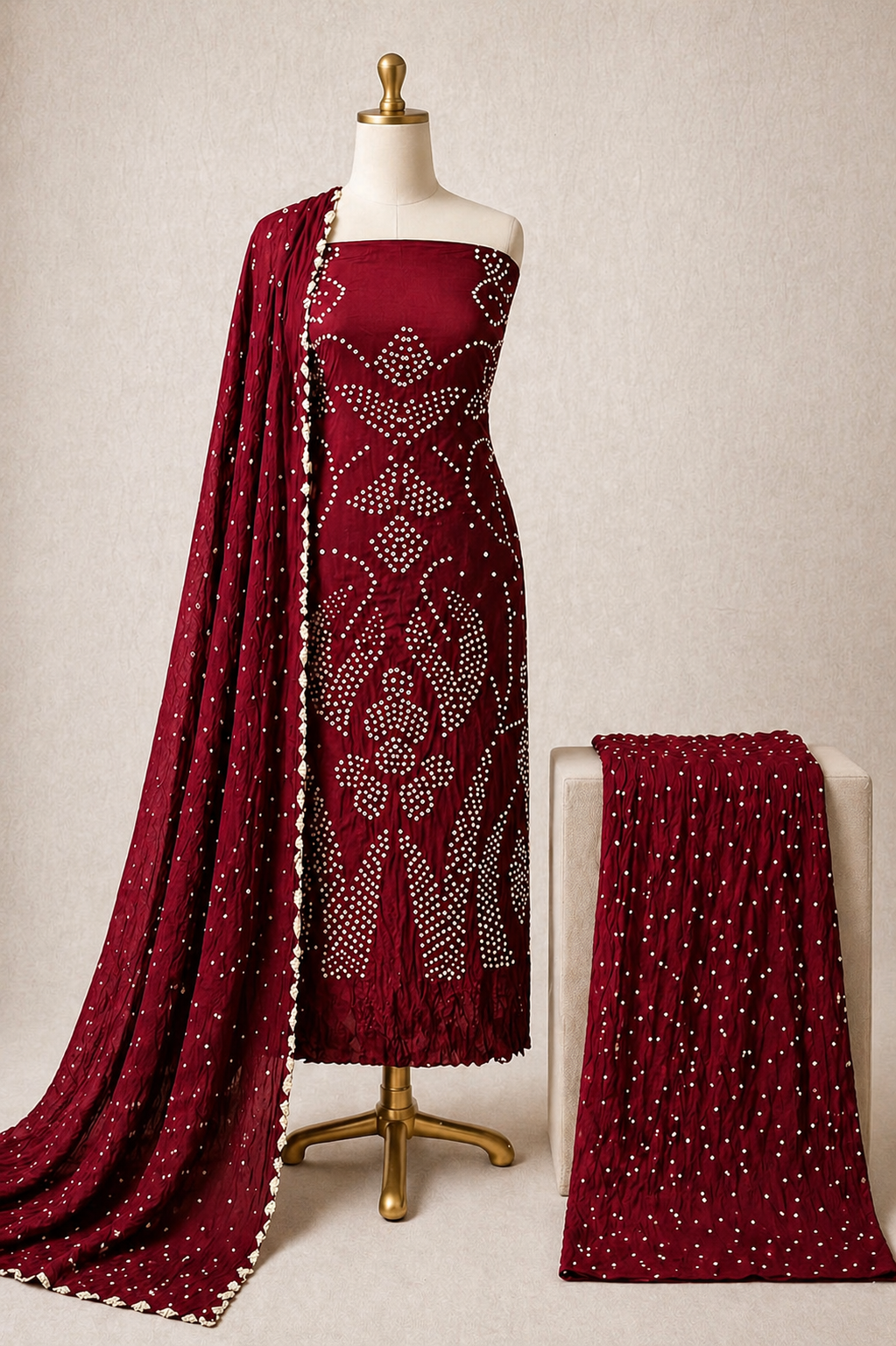 Ethenika Maroon Color Kutch Bandhani Unstitched Dress Material