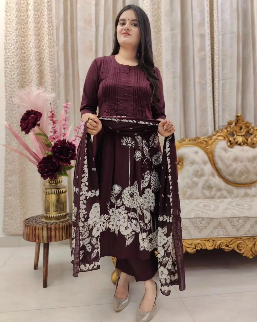 Soft Cotton Self Print Kurti Pant Dupatta Set - Premium from Ethenika.com - Just INR 2490! Shop now at Ethenika.com