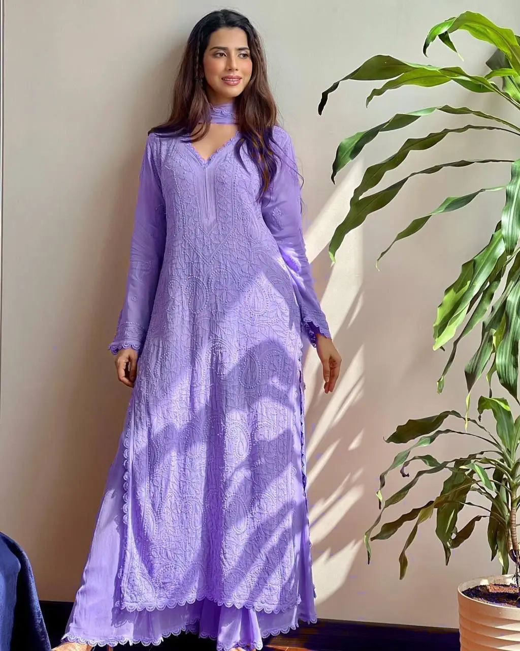 Chikankari work Faux Georgette Kurti Palazzo Set - Premium from Ethenika.com - Just INR 2590! Shop now at Ethenika.com