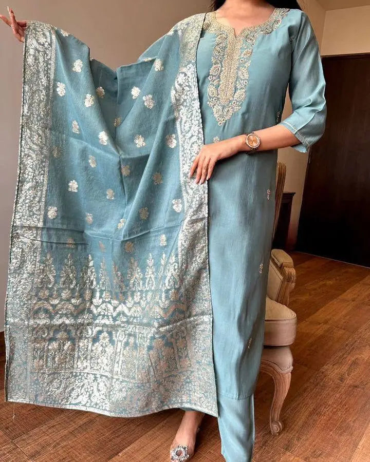 Viscose Chanderi Neck work Kurti Pant Dupatta Set - Premium from Ethenika.com - Just INR 2990! Shop now at Ethenika.com