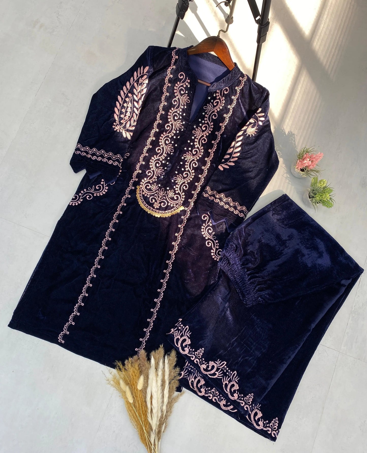 Designer Embroidery work Velvet Kurti Pant Set (Ready to wear) - Premium from Ethenika.com - Just INR 2990! Shop now at Ethenika.com