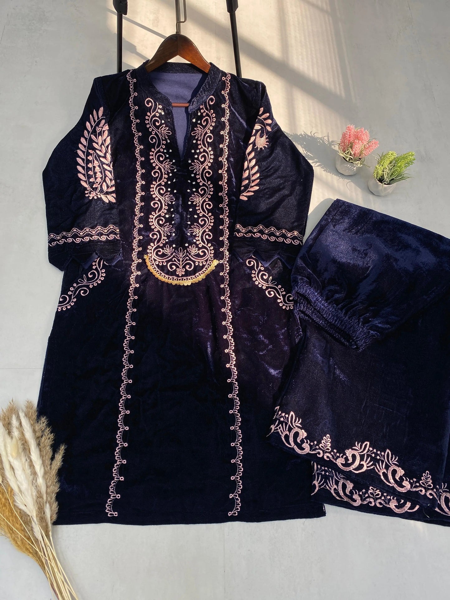 Designer Embroidery work Velvet Kurti Pant Set (Ready to wear) - Premium from Ethenika.com - Just INR 2990! Shop now at Ethenika.com