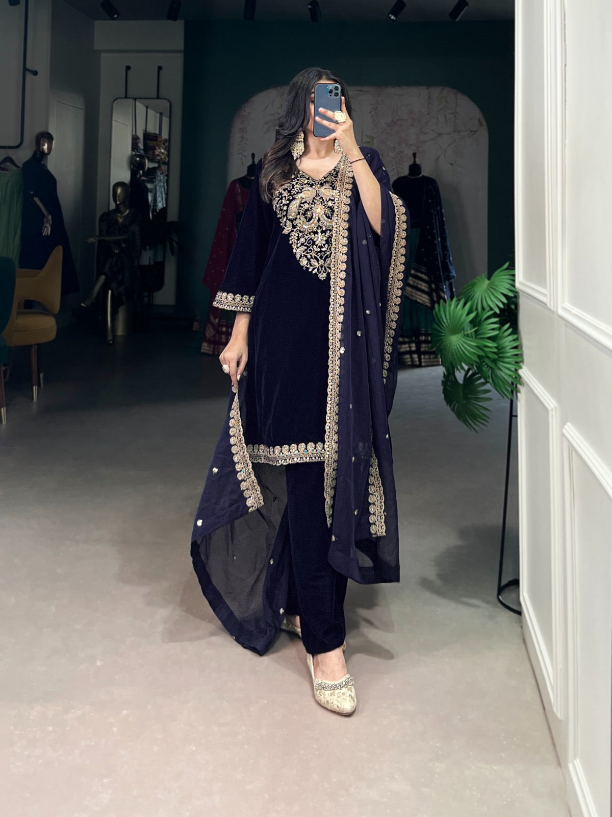 Ethenika Authentic Sequence Embroidery Work Designer Velvet Kurti Pant Dupatta Set (Ready to Wear) - Premium from Ethenika.com - Just INR 4990! Shop now at Ethenika.com
