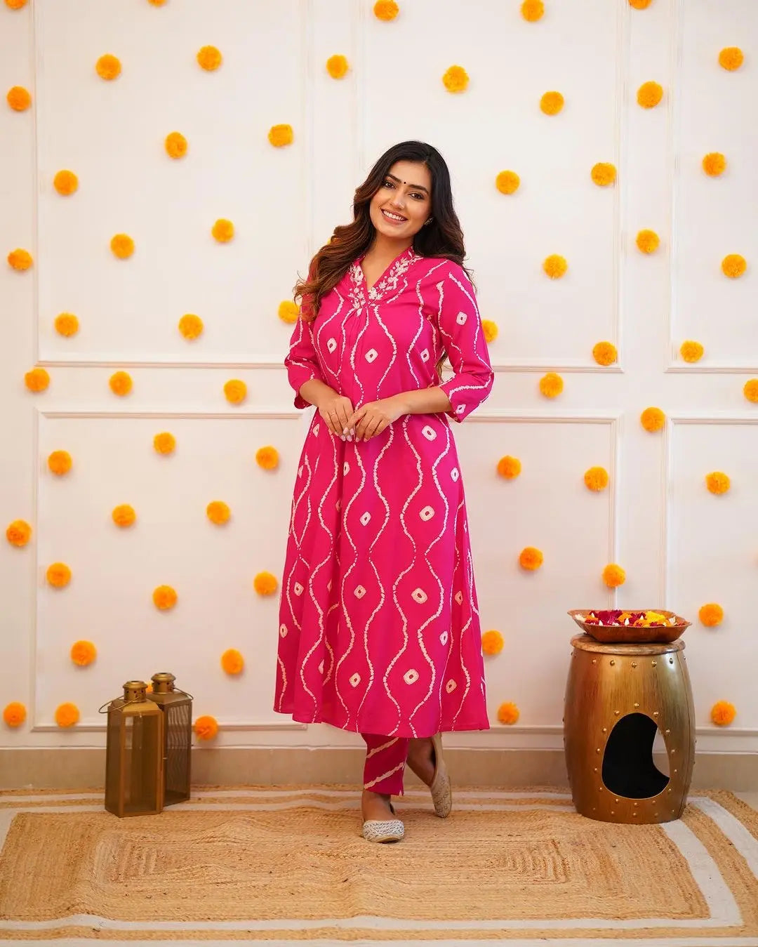 Neckline Thread Work Leheriya Kurti Pant Set (Stitched) - Premium from Ethenika.com - Just INR 1990! Shop now at Ethenika.com