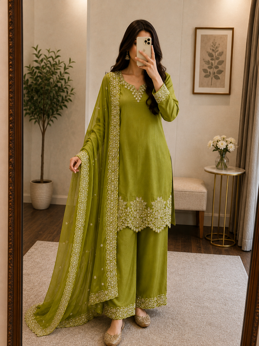 Designer Embroidery Kurti Palazzo Set | Jimmy Choo Silk | Ready to Wear