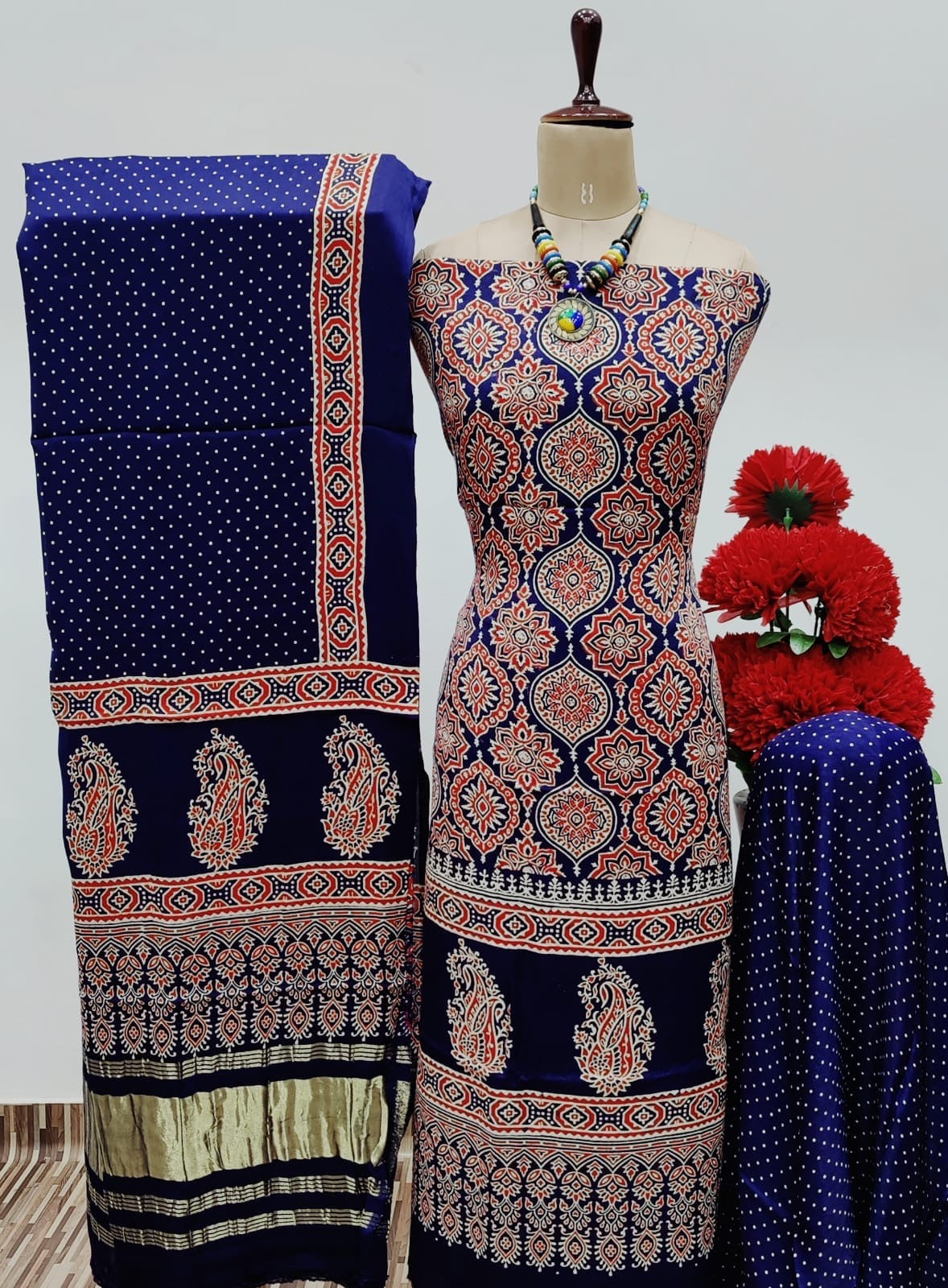 Modal Ghazi Silk Original Hand Blocked Ajrakh Print Dress Material (Unstitched) - Premium from Ethenika.com - Just INR 5990! Shop now at Ethenika.com