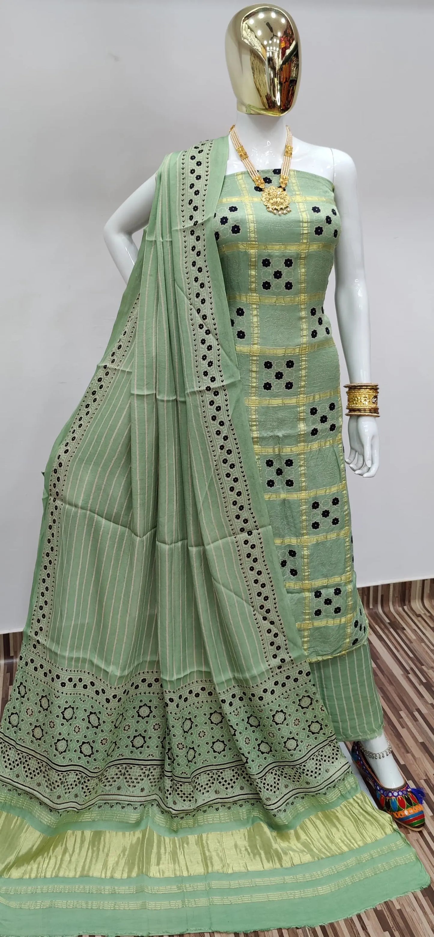 Ghazi Silk Golden Chex Hand print dress material - Premium from Ethenika.com - Just INR 6999! Shop now at Ethenika.com