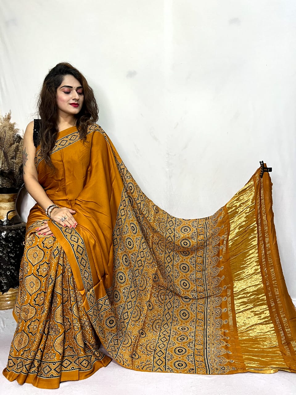 Fine Modal Silk Authetic Hand blocked Ajrakh Print Saree - Premium from Ethenika.com - Just INR 6590! Shop now at Ethenika.com