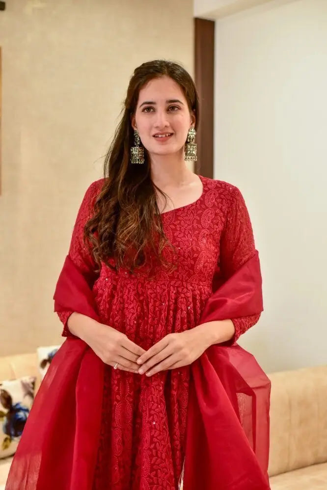 Georgette Chikankari Work Red Anarkali Dress - Premium  from Ethenika.com - Just INR 1990! Shop now at Ethenika.com