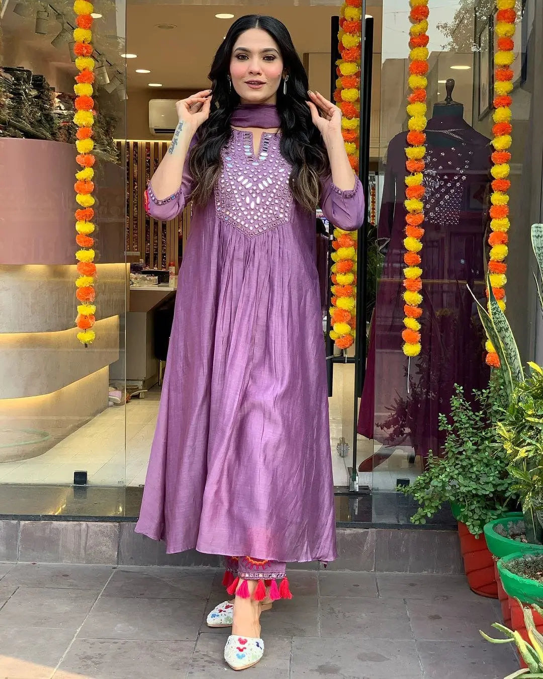 Mal Chanderi Silk Mirror work Alia Cut Kurti Palazzo Dupatta Set (Stitched) - Premium from Ethenika.com - Just INR 2590! Shop now at Ethenika.com
