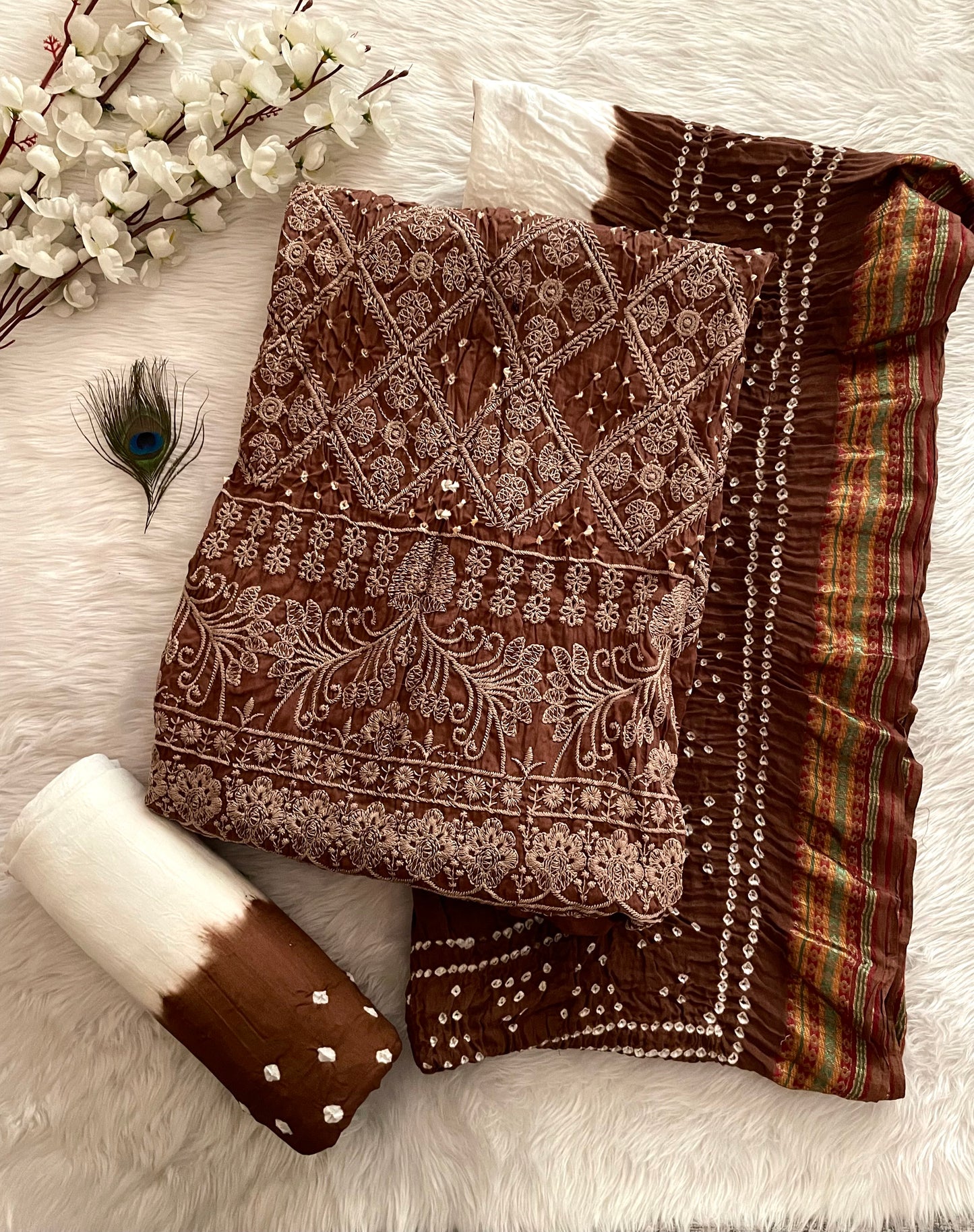 Cotton Authentic Hand Lakhnavi Thread Embroidery work White Concept Bandhani Dress Material (Unstitched) - Premium from Ethenika.com - Just INR 3990! Shop now at Ethenika.com