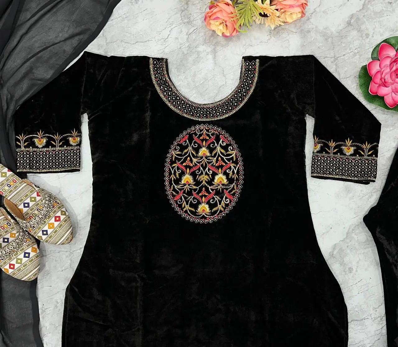 Winter Special Designer Black Velvet Kurti Pant Dupatta Set - Premium from Ethenika.com - Just INR 2590! Shop now at Ethenika.com