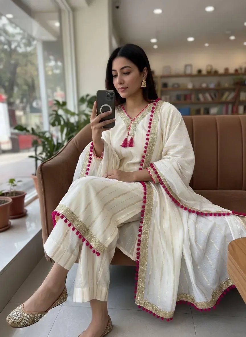 Chanderi Silk Fancy Lace Work with latkan Kurti Palazzo Dupatta Set Ethenika.com