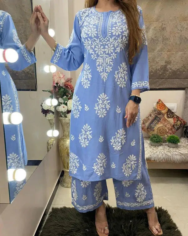 Chikankari work Kurti Palazzo Set (Ready to Wear) Ethenika.com