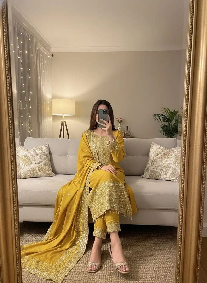 Chinon Silk Designer Party Wear Kurti Pant Dupatta Set Ethenika.com